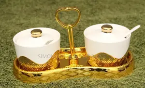 2pcs Golden Ceramic Sugar Dish With Stand