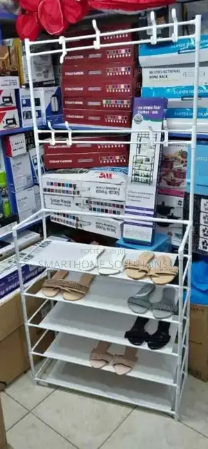 5 Layer Portable Shoe Rack With Hanger -Black/White