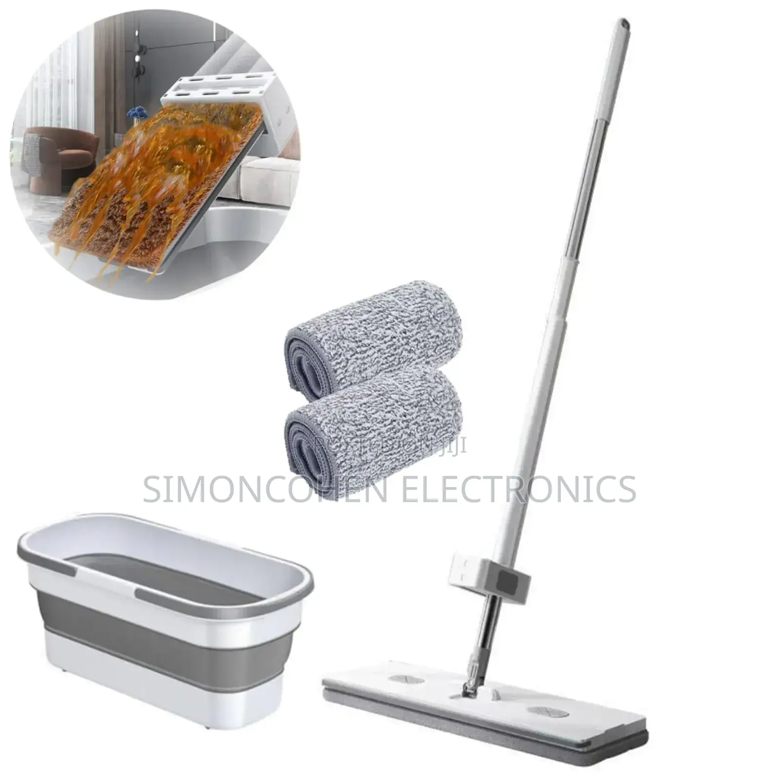 Self Wringing Hand Wash Free Flat Mop With Foldable Bucket