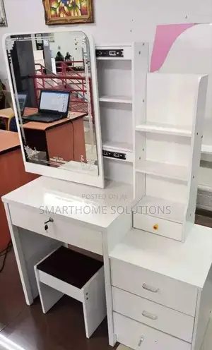 White Dressing Mirror Table - With Drawers,Shelves