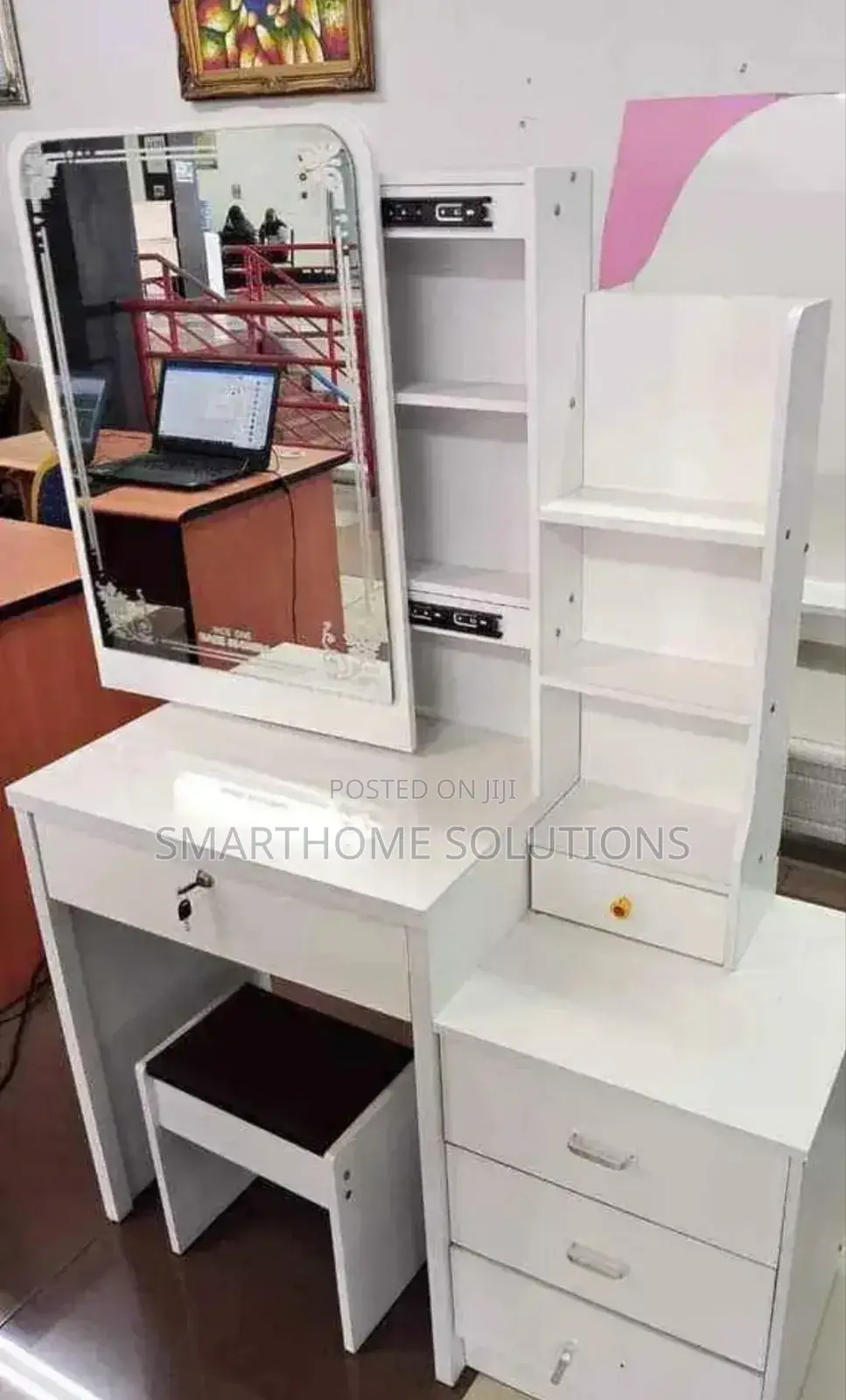 White Dressing Mirror Table - With Drawers,Shelves