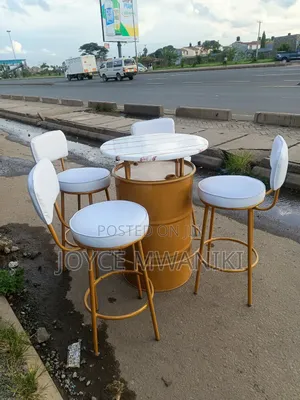 High Bar Set, With White Stools and Bar Drum Table 