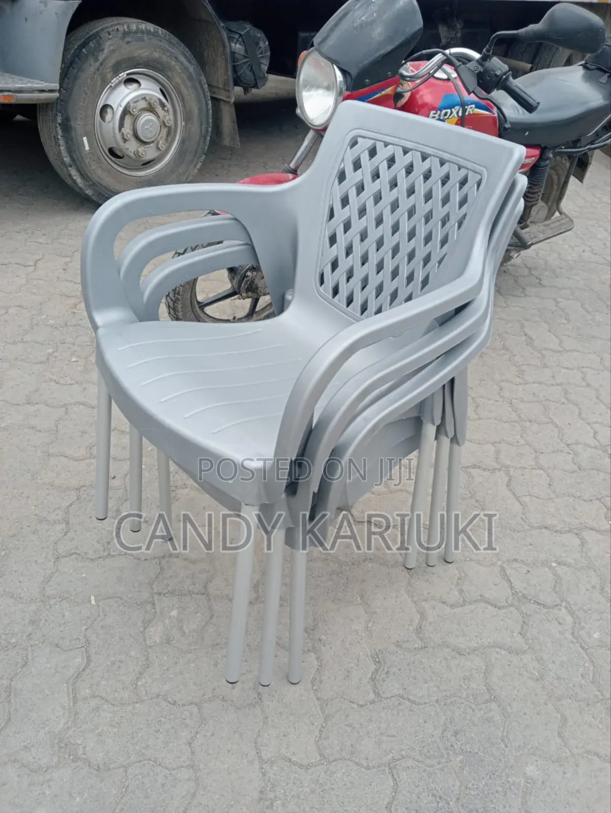 Stackable Grey Plastic Chairs With Steel Legs