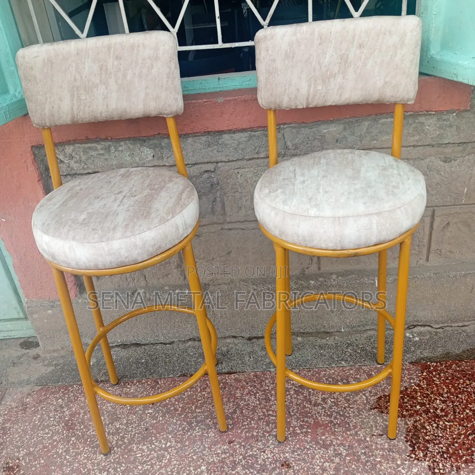 Beige Kitchen Counter Stools or Bar Stools With Gold Frame.