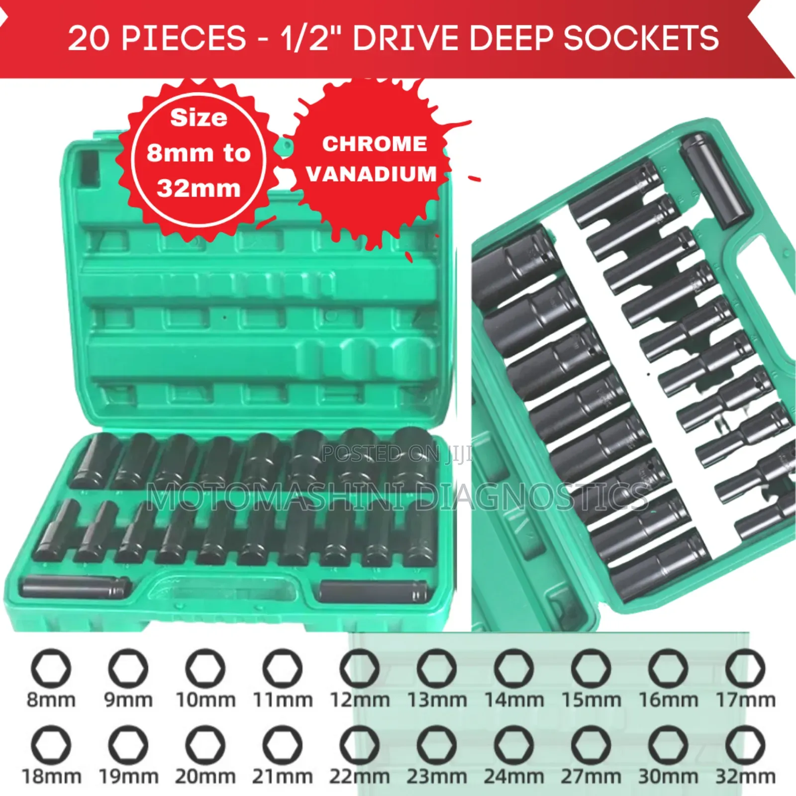 20 Pieces 1/2'' Drive Deep Box Spanner Sockets Set