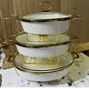 Set of 3 Oval Gold White Ceramic Chaffing Dishes