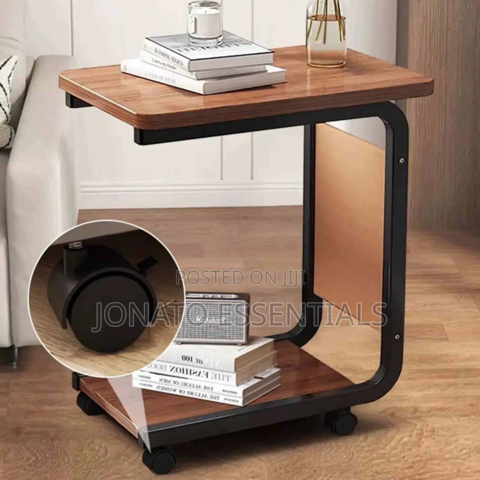 Modern C-Shaped Side Table With Storage Shelf and Wheels
