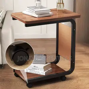 Modern C-Shaped Side Table With Storage Shelf and Wheels