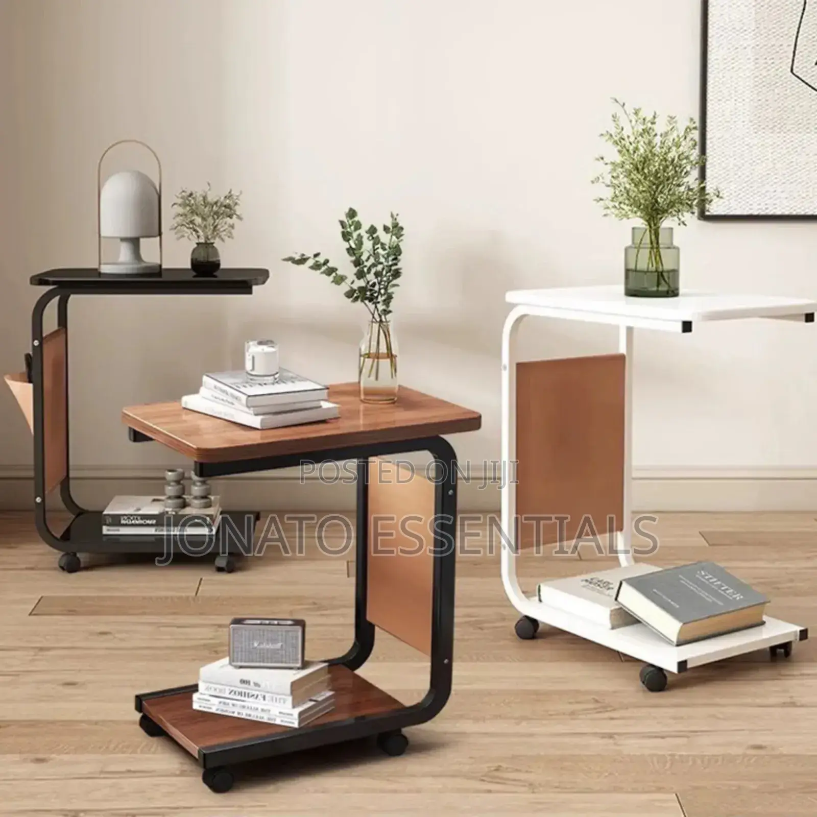 Modern C-Shaped Side Table With Storage Shelf and Wheels