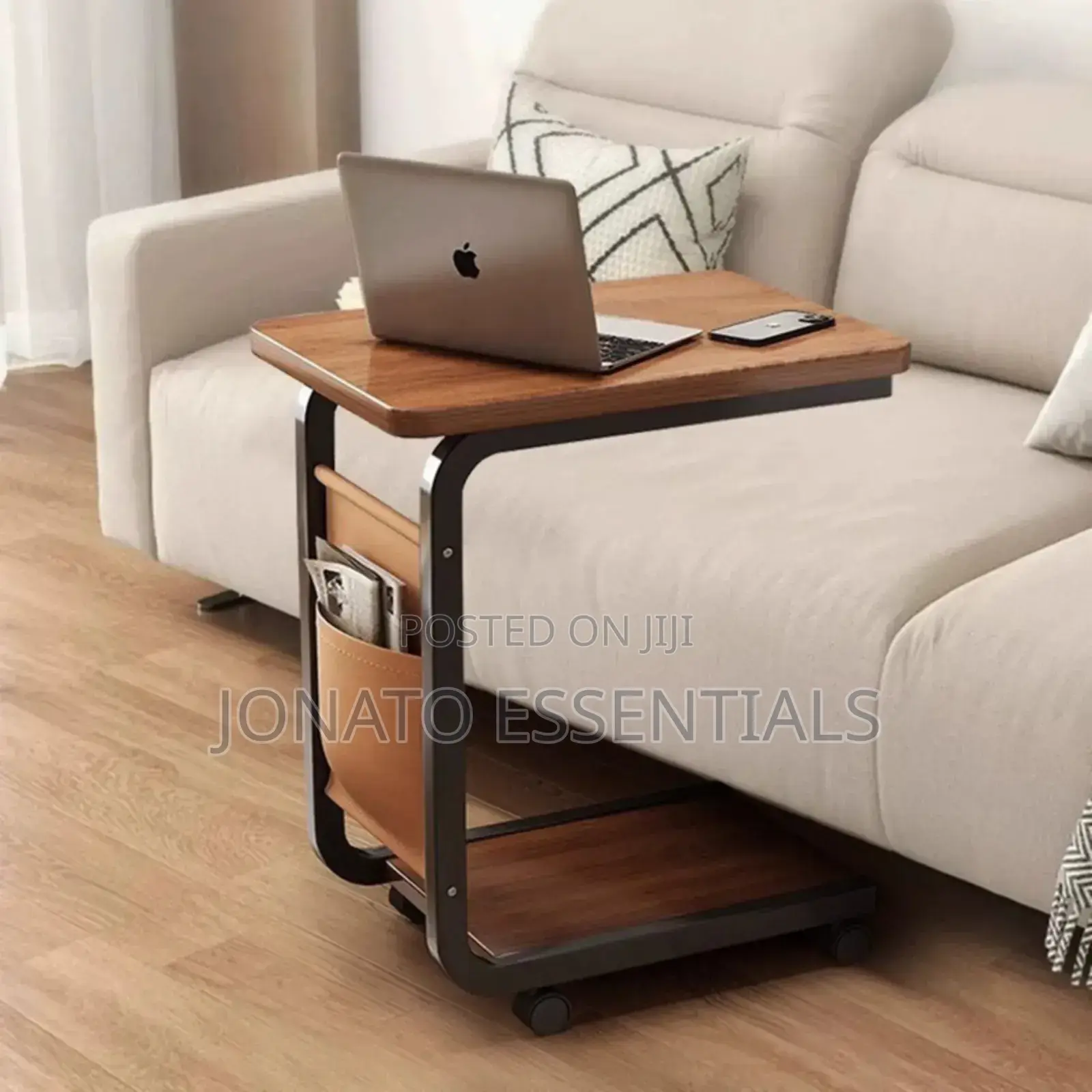 Modern C-Shaped Side Table With Storage Shelf and Wheels
