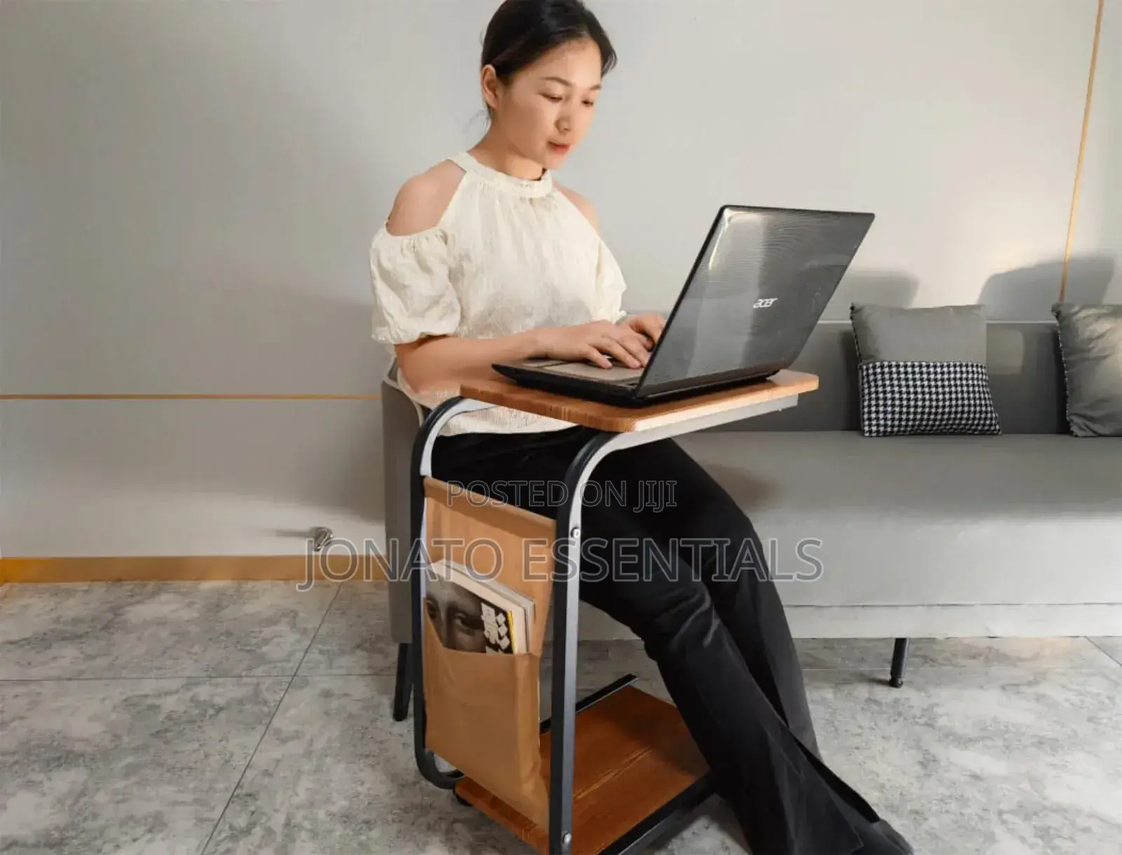 Modern C-Shaped Side Table With Storage Shelf and Wheels