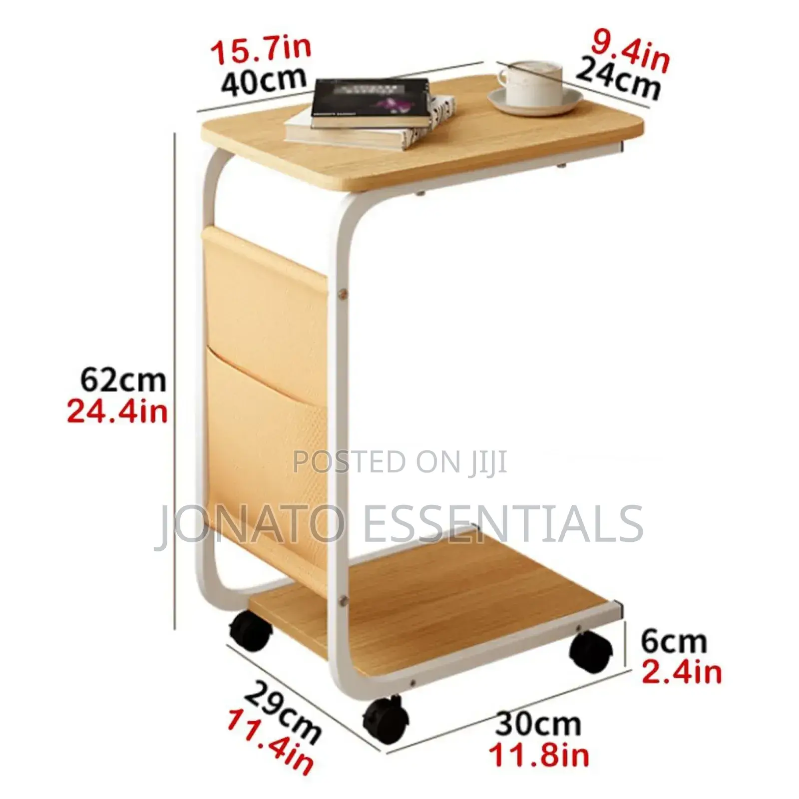 Modern C-Shaped Side Table With Storage Shelf and Wheels