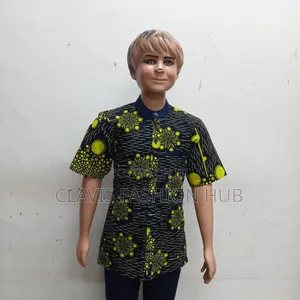 Navy Blue Shirt Sleeved Boys Shirt With Kitenge