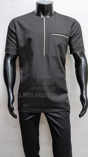 Black Short Sleeved Ankara Men Shirt