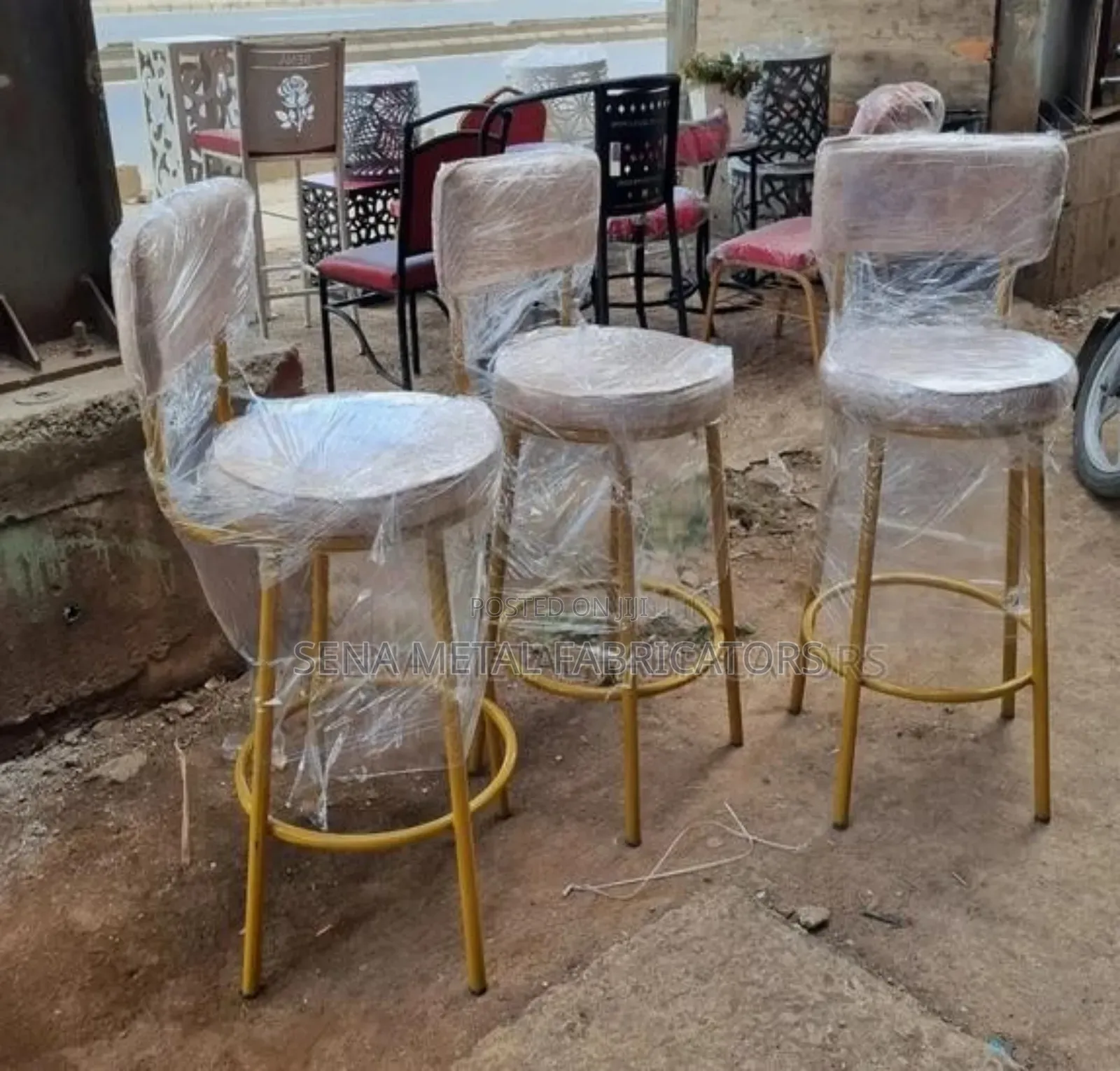 Beige Kitchen Counter or High Stools With Gold Frame