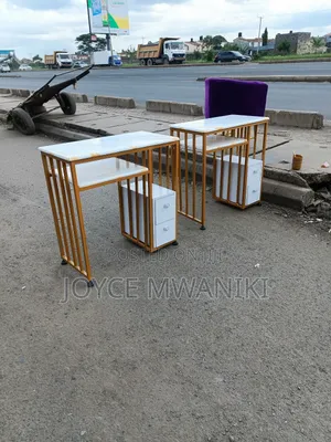2 Marble Tables for Manicure, White and Gold 