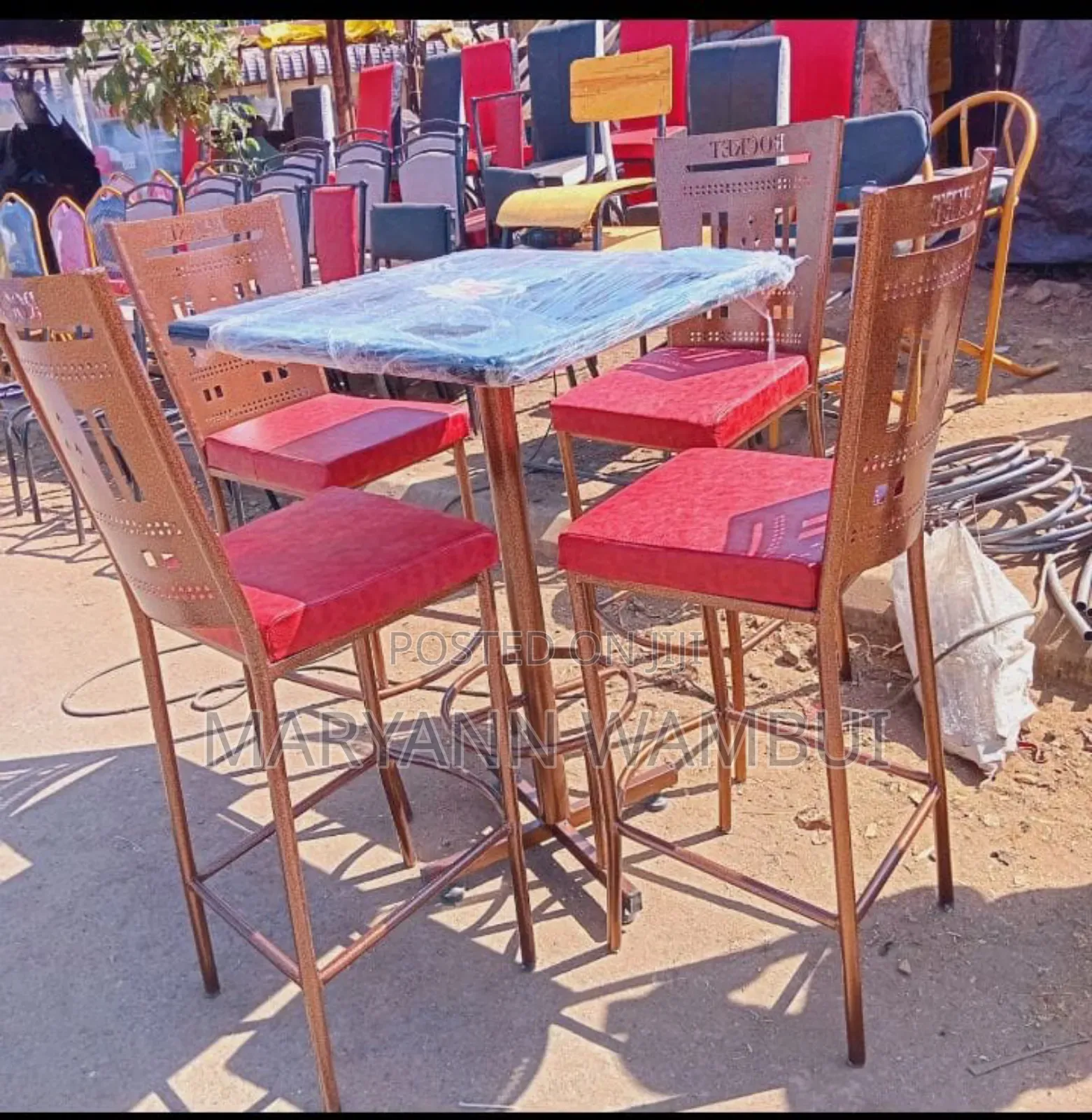 Red High Table Chairs and Table