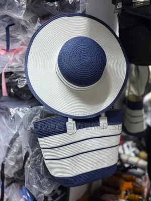 Navy Blue Women's Straw Bags With Similar Matching Hats