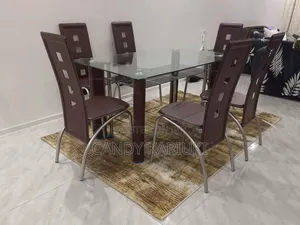 Brown Glass Top 6 Seater Dining Table Set