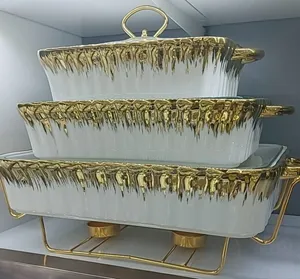 3 in 1 White With Gold Decorations Ceramic Chaffing Dishes