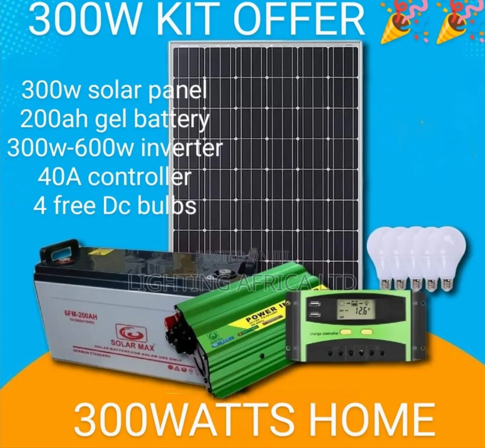 300w Home Solar Solution -200ah Battery -600w Inverter -40a Controller