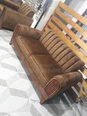 Retro-inspired Brown 3 Seater Sofa With Wooden Accent