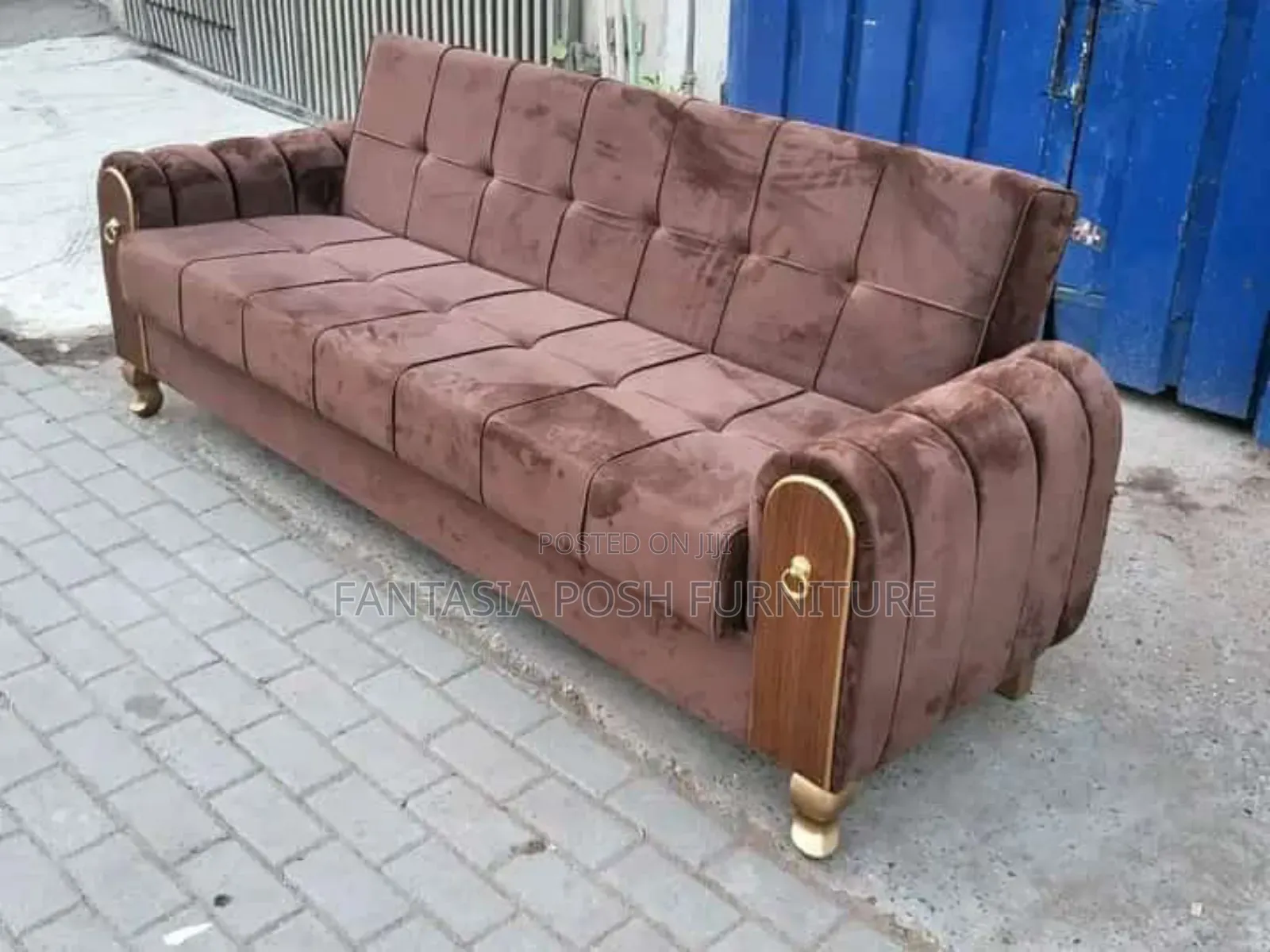 Brown Tufted 3 Seater Sofa With Decorative Arm Panels