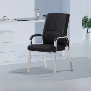 Office Chair: Leather Black Fixed Padded Arms Office Chair