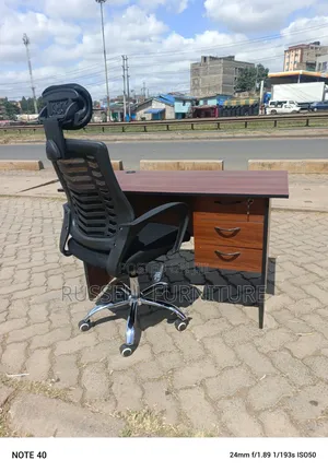 Dark Walnut Study Table and Headrest Office Chair