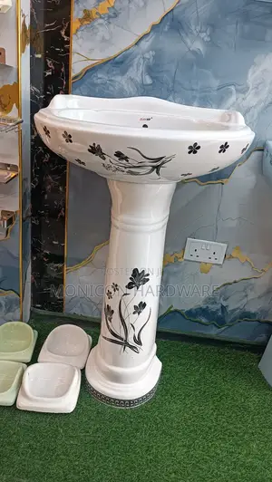 Pedestal Sink (Black and White Flowers)