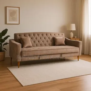3-Seater Camel-Toned Tufted Sofa With Tapered Legs