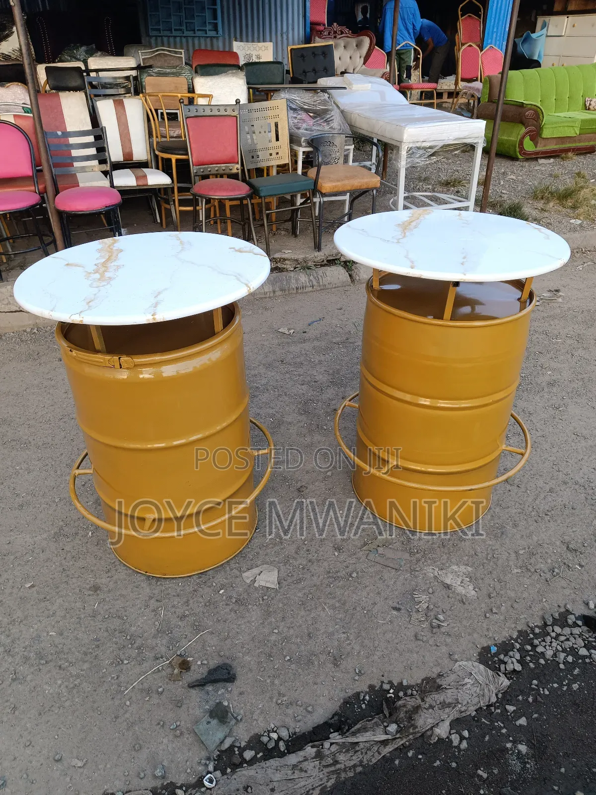 Bar High Drum Tables, White and Gold 