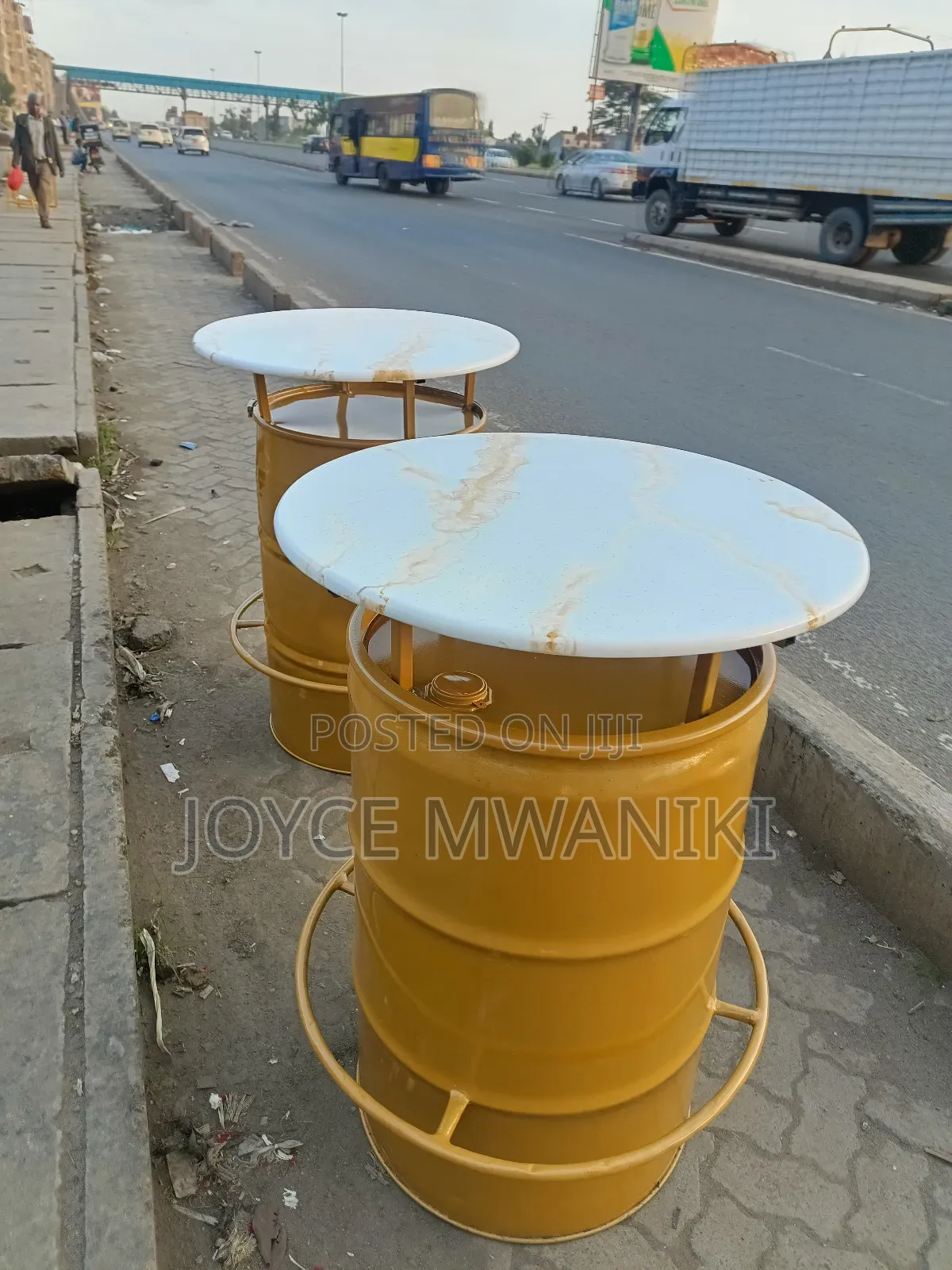 Bar High Drum Tables, White and Gold 