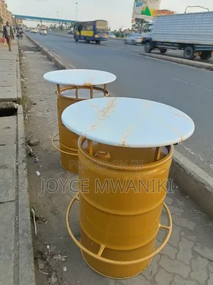 Bar High Drum Tables, White and Gold 