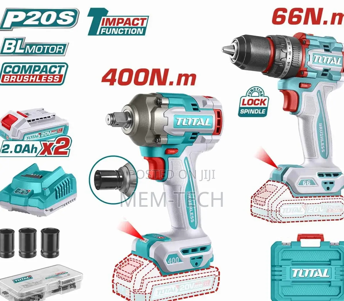 Total Tckli20275 Cordless 2 PCS Combo Kit 20v