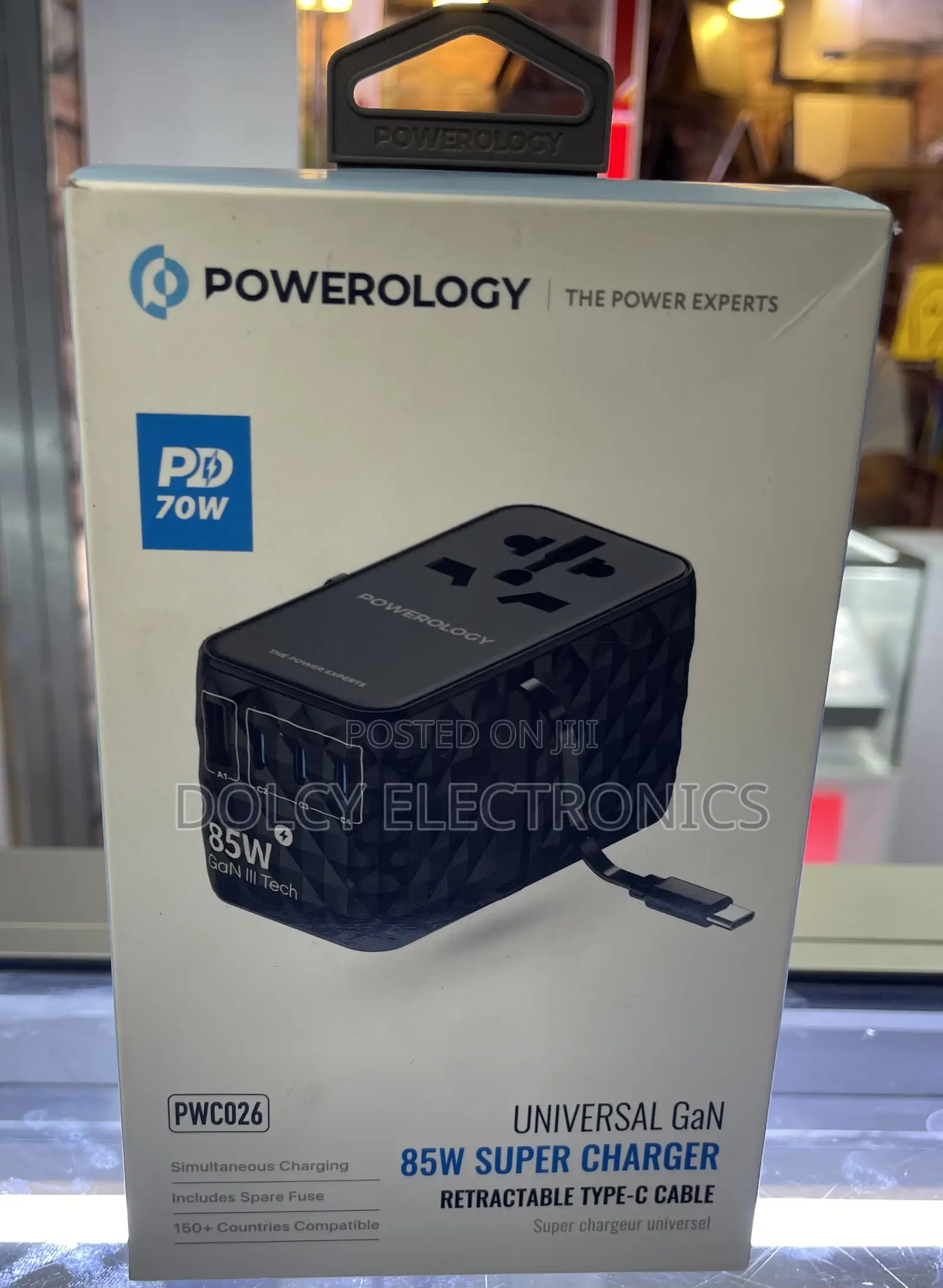 Powerology Universal Gan 85w Adapter Retractable Usb-c Cable