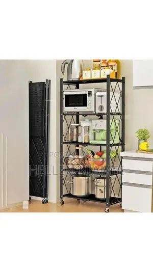 5 Tier Metallic Foldable Kitchen Rack With Wheels