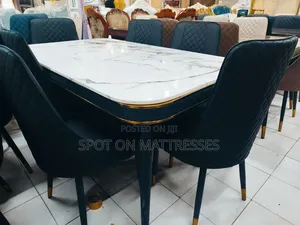 Marble Top Dining Set With Gold Finishing + 6 Leather Seats