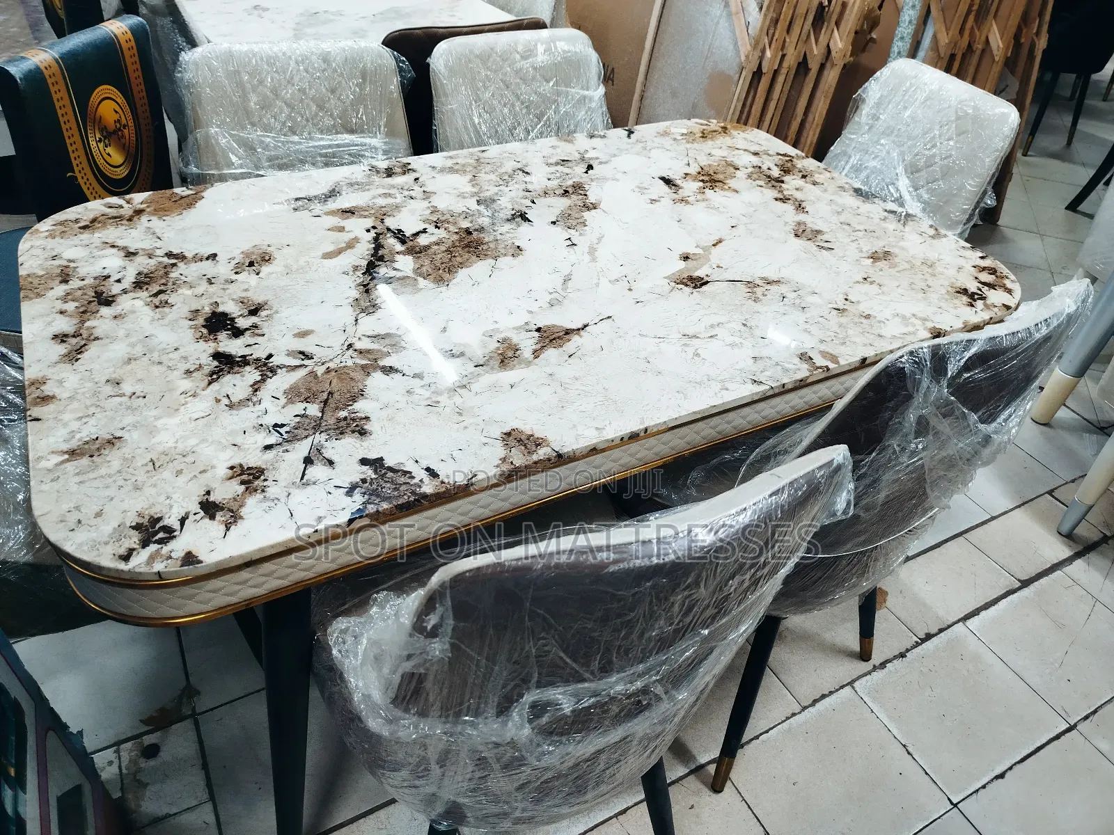 Classic Dining Set With Marble Top Table + 6 Leather Chairs.
