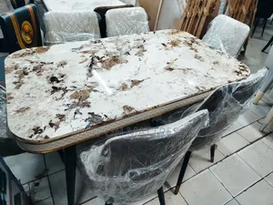Classic Dining Set With Marble Top Table + 6 Leather Chairs.