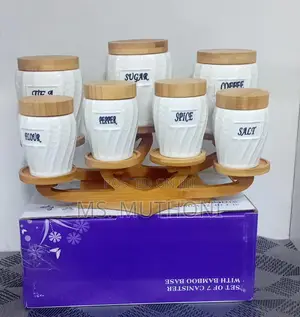 7pcs Ceramic Canisters With a Bamboo Stand and Bamboo Lids*