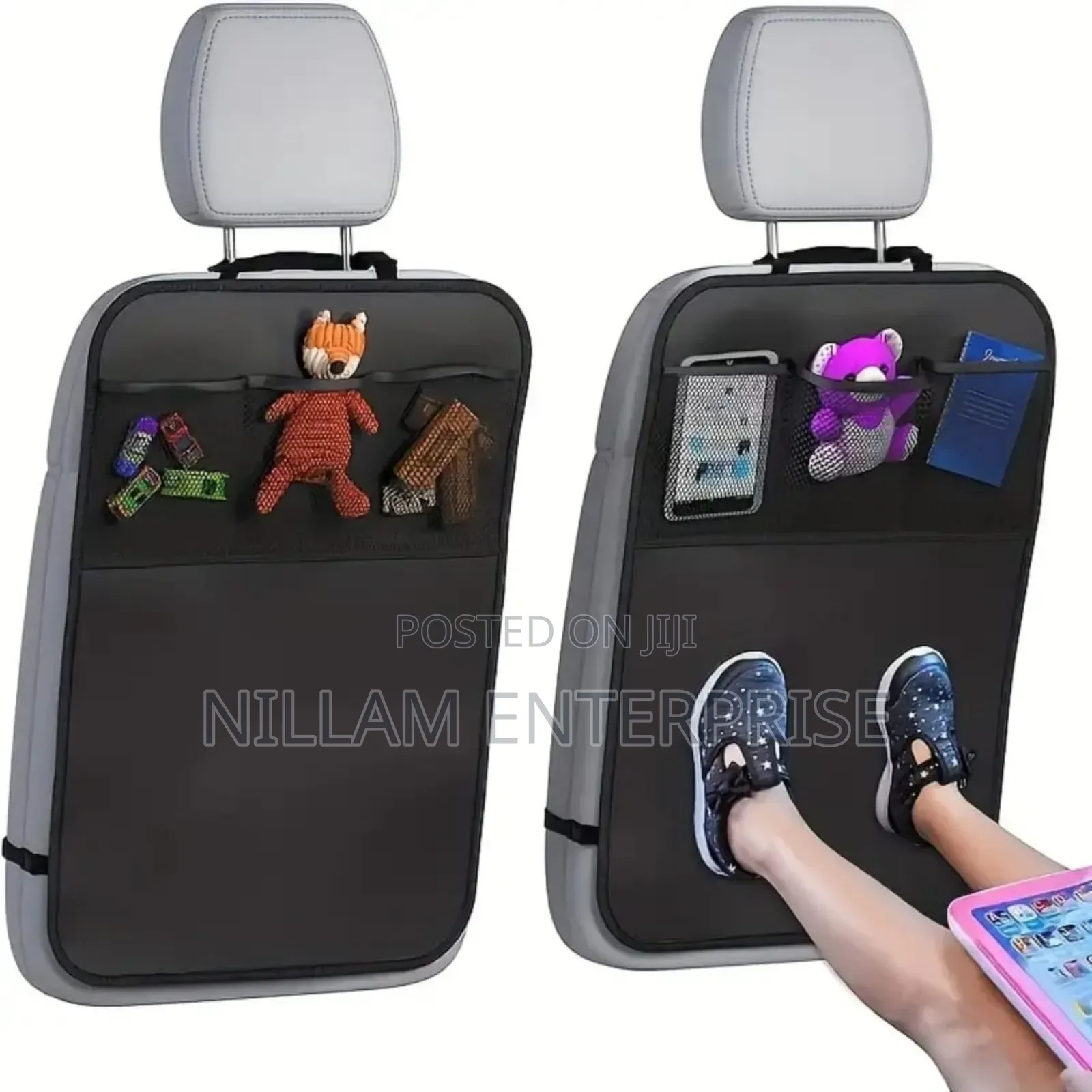 Car Back Seat Kick Mat + 3 Pockets Storage,