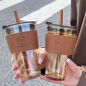 Glass Cups With Cover+Straw+Leather Sleeveand,