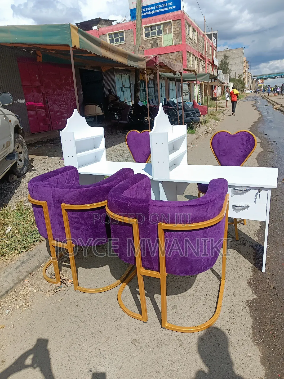 2 Manicure Sets, White Table, Purple Seats