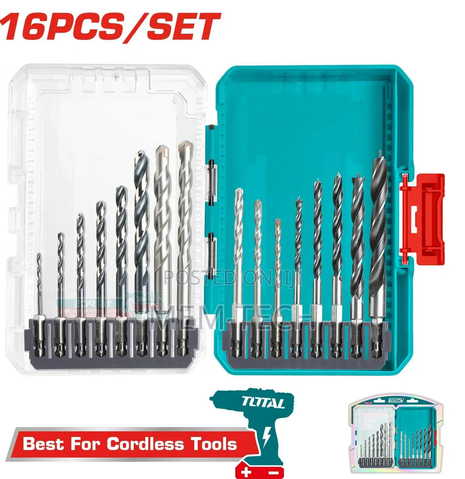 Total 16 PCS Metal,
Masonry and Wood
Drill Bits Set