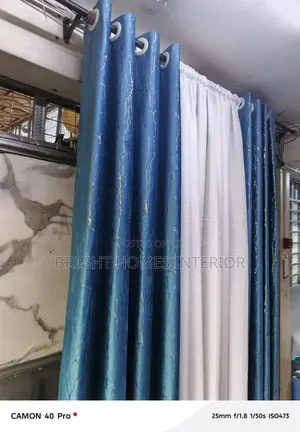 Turquoise Cotton Material Curtain and White Sheer
