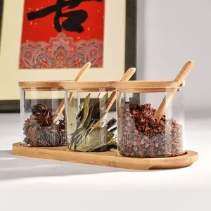 3 In1 Glass Sugar Set With Bamboo Stand, Lids And Spoons