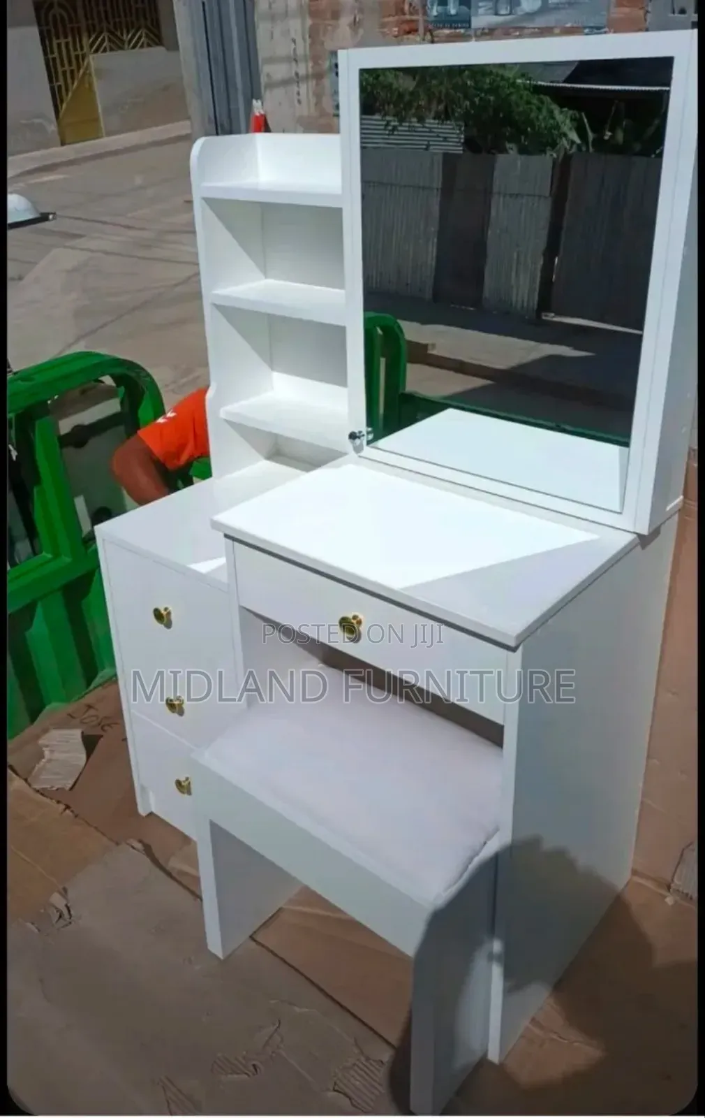 Affordable Dressing Table With Shelves , Mirror and Stool