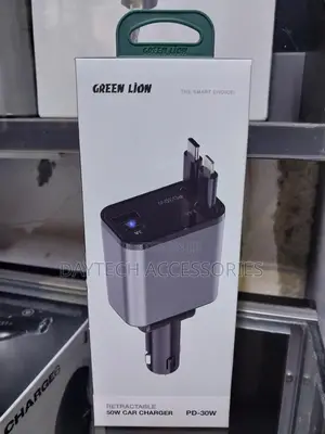 Green Lion Retractable Cable 50w Car Charger Pd-30w - Black