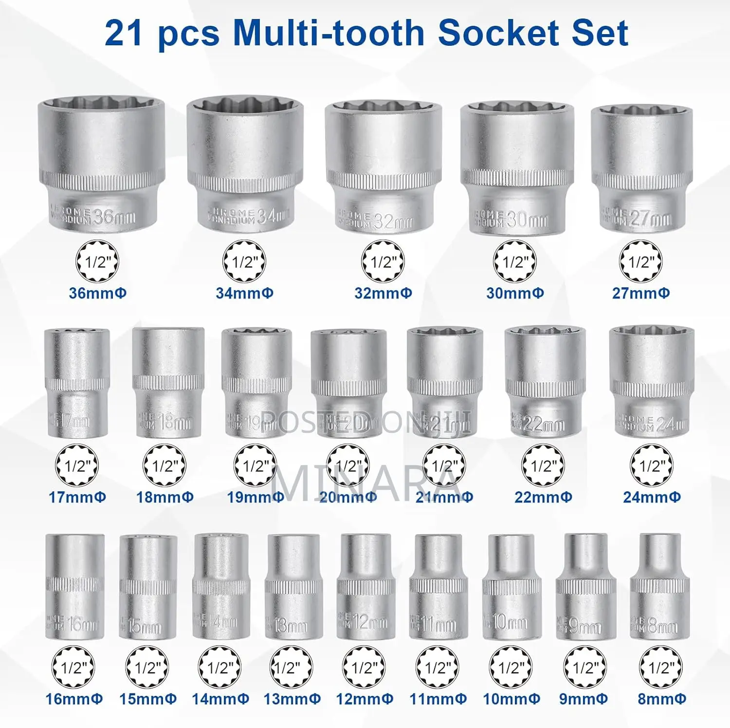 21 Pcs, 12 Point Sockets, (No. 8-36), Multi Spline